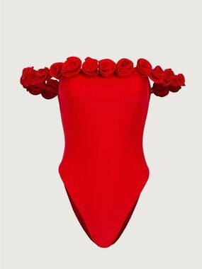SAME Rosette Off-Shoulder Red One-Piece Swimsuit